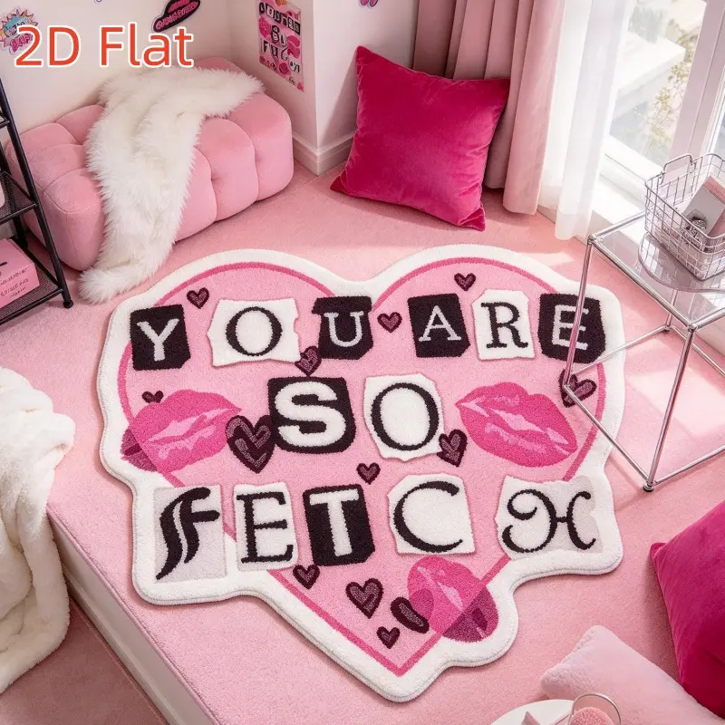 Sweet cool pink heart and lips collage letter bedroom and living room plush irregular-shaped rug, American retro pink heart and red lips pattern, entrance and balcony non-slip rug, pink and white heart and lips text design, lounge decorative rug