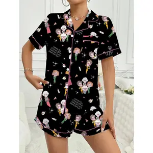 Golden Girls Character Print Pajama Set Short Sleeve Lapel Top & Shorts Soft Comfortable Matching Sleepwear Women's Loungewear