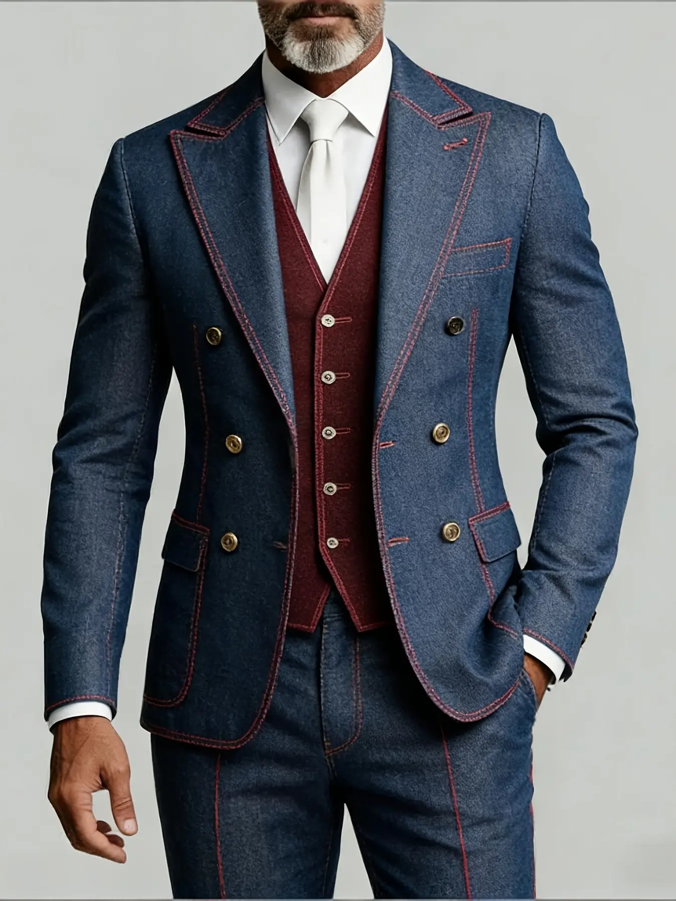 Ainwear Men 2-Piece Formal Suits Set, Contrast -Stitching Blazer Jacket & Trousers, Premium Woven Fabric, Slim-Fit, All Seasons