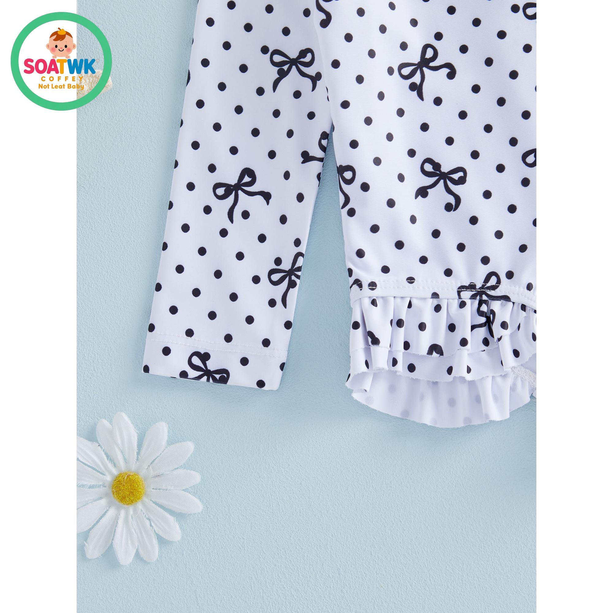 Toddler Girls Swimsuit, Bow Dots Print Long Sleeve Bikini with Hat Swimwear for Summer Bathing