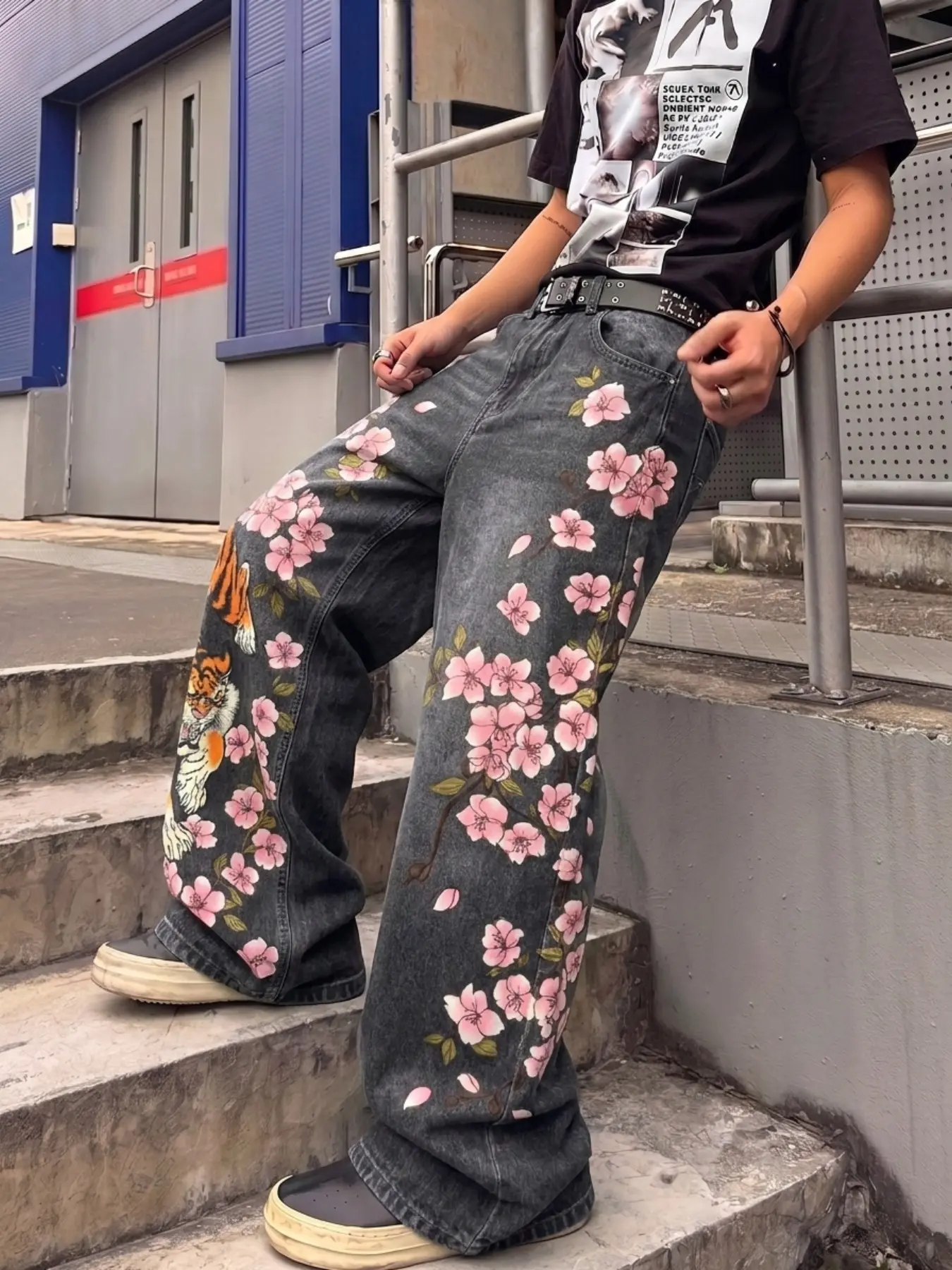 Men's Anime Spring Casual Printed Jeans, Floral and Tiger Pattern, Loose-Fitting Oversize Wide Leg, Pocket Design, All Seasons Wear