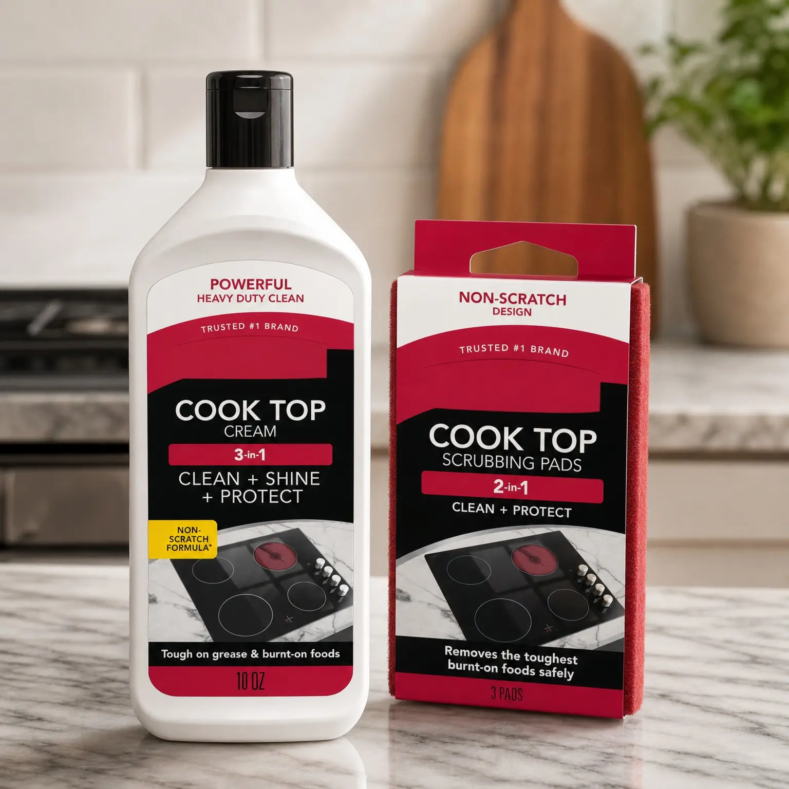Heavy Duty Glass & Ceramic Cooktop Cleaner with 3 Scrubbing Pads, 10 Oz - Electric Stove Top Cleaner for Gas & Induction Cooktops, Removes Burnt-On Food & Grease, Scratch & Streak-Free