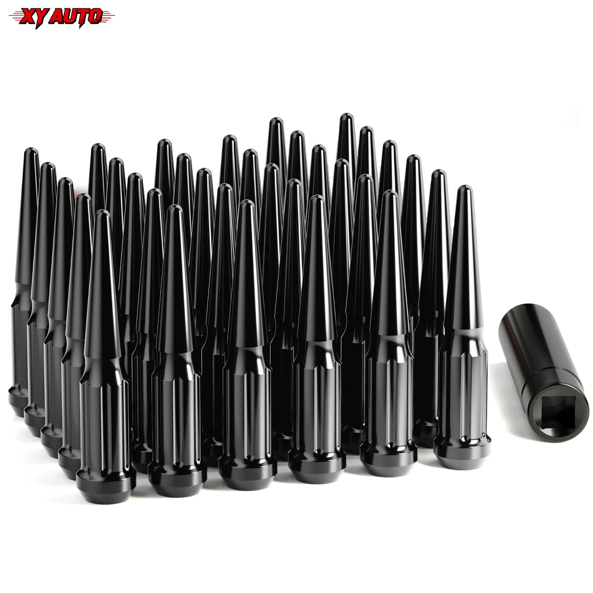 32 PCS M14x1.5 Spike Lug Nuts, Black Spline Spiked Lug Nut with Key for Chevy Silverado 2500hd 3500hd GMC Sierra Yukon Dodge Ram 2500 3500 Ford F250 F350, 14x1.5 Acorn Solid Metal Truck LugNut, Truck Wheel Aftermarket Replacement Accessories