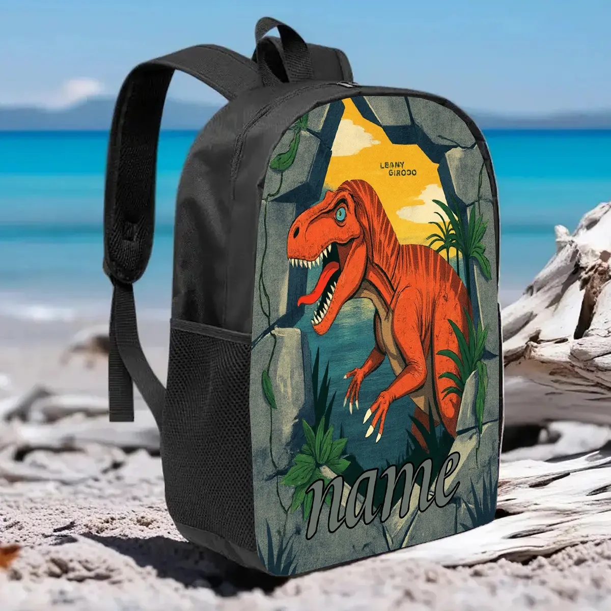 17-Inch Customizable Cartoon Dinosaur Backpack for Students - 1pc Unisex Lightweight Durable Large Capacity Bag with Name Personalization, Name Tag, Zip, Water Bottle Holder for School, Commuting, Casual