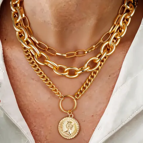 Women's Punk Style Exaggerated Portrait Pendant Necklace Set, Layered Necklaces, Multilayer Necklace, Stainless Steel Chain, Casual Jewelry for Dating, Vacation, Party, Trendy Jewelry, Fashion Jewelry Accessories, Fashion Accessory Necklace