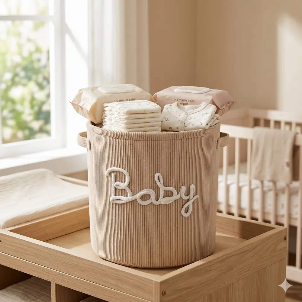 Baby Diaper Storage Basket with Cartoon Pattern Large Capacity for Home Use, Chest of Drawers for Dirty Clothes and Diaper Organization