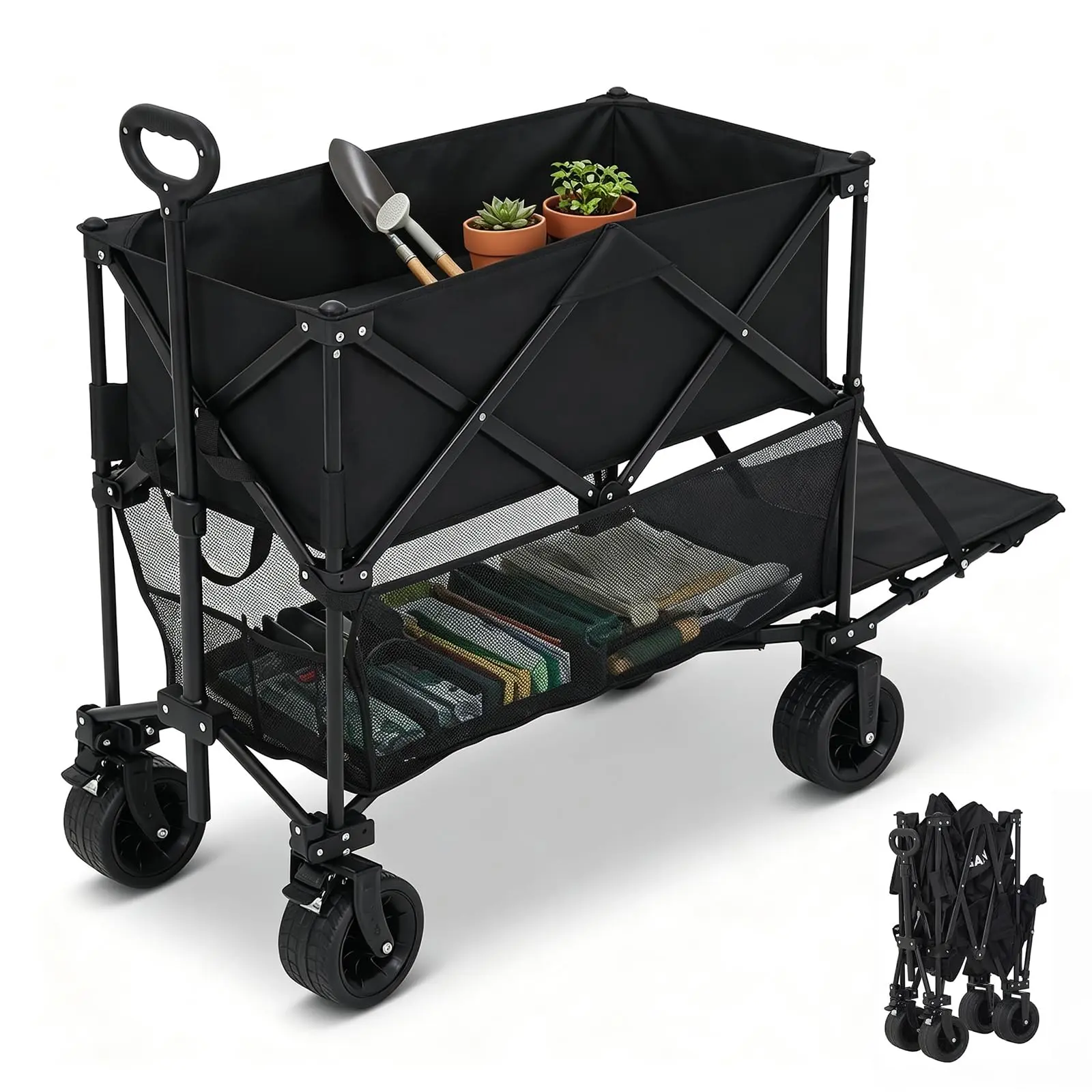 Double Decker Folding Utility Cart - Extra Long Collapsible Pack with Brakes, Easy Transport & Storage for Outdoor Activities, Heavy Loads