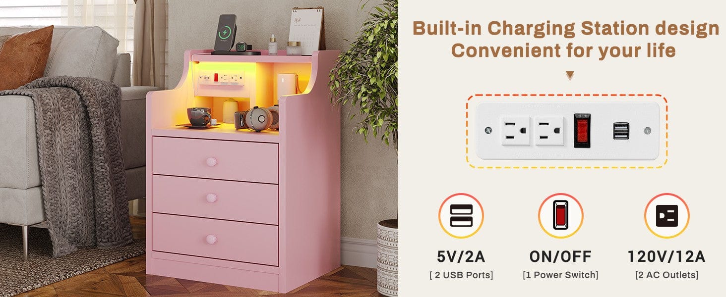 LED Nightstand with 3 Storage Drawers Pink