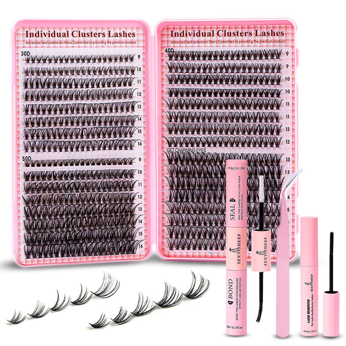 Natural Look Eyelash Extensions Set with False Lashes, Tweezers, Glue, Remover and Fixer, Professional Accessories for Women's Summer Makeup, Diy Lash Cluster