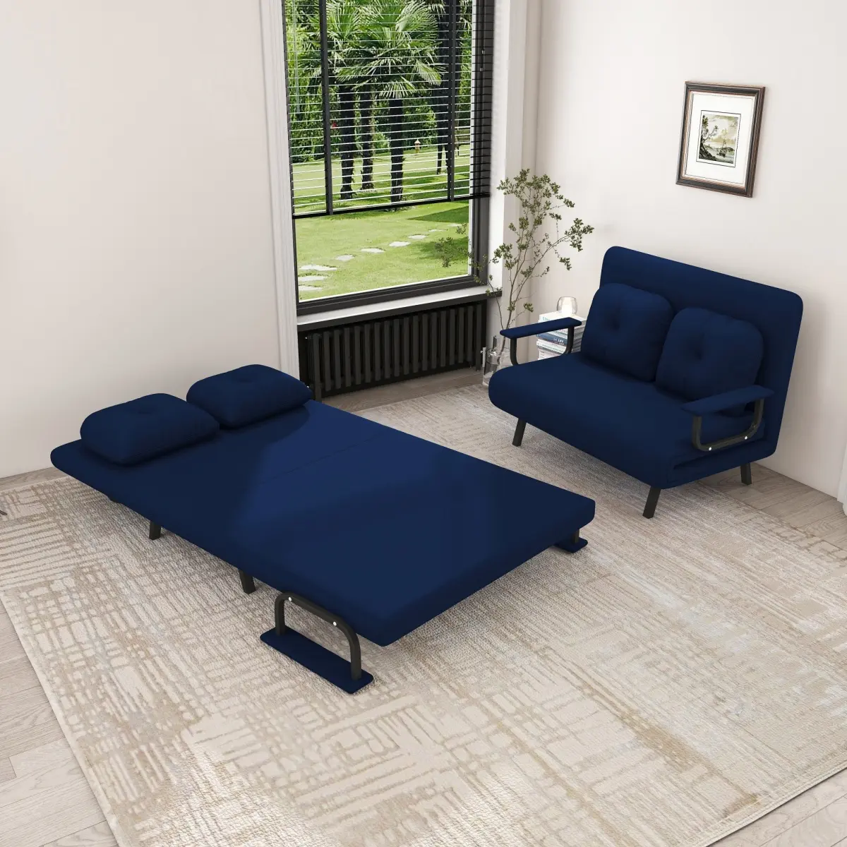 46" Wide Folding Sofa Bed 5-in-1 Convertible Chair for Two - 5-Position Adjustable Backrest with Pillow, Space-Saving Sleeper for Living Room, Bedroom & Office (71.6"W x 46"D)(Bule)