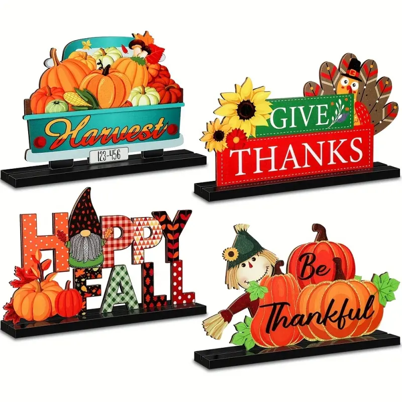 4 Styles of Thanksgiving Decorations - Wooden Table Centerpieces Featuring Pumpkin, Turkey, Scarecrow and Harvest Prints - Perfect for Thanksgiving Parties and Holidays as Festive Table Ornaments. | Autumn Decor | Wooden Sign Ornaments, Thanksgiving Decor