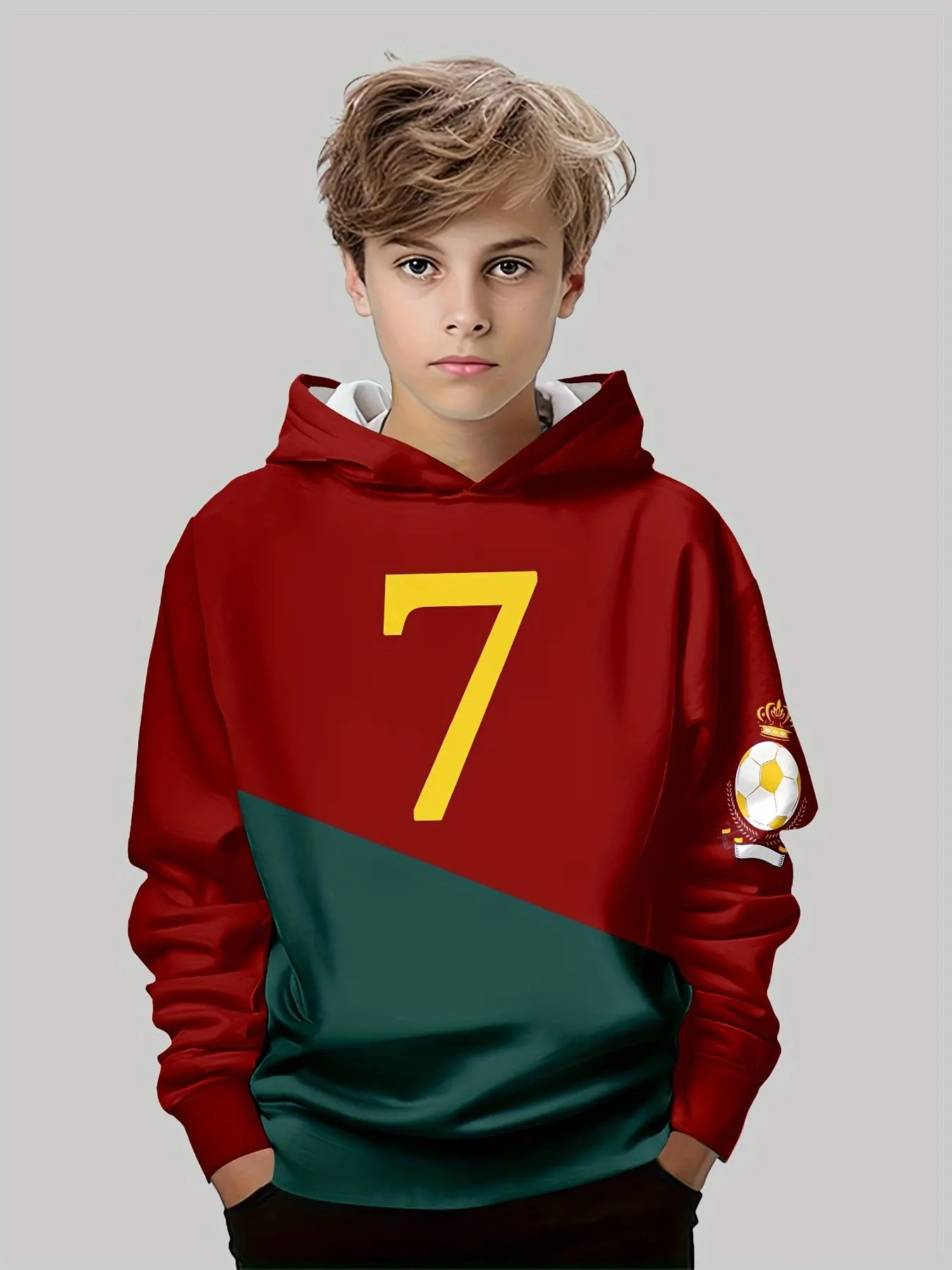 Colorblock Soccer Theme Kids Hoodie, Portuguese Sports Style Pullover, Boy Fan Top, Loose Fit, Fall Winter Casual Sweatshirt