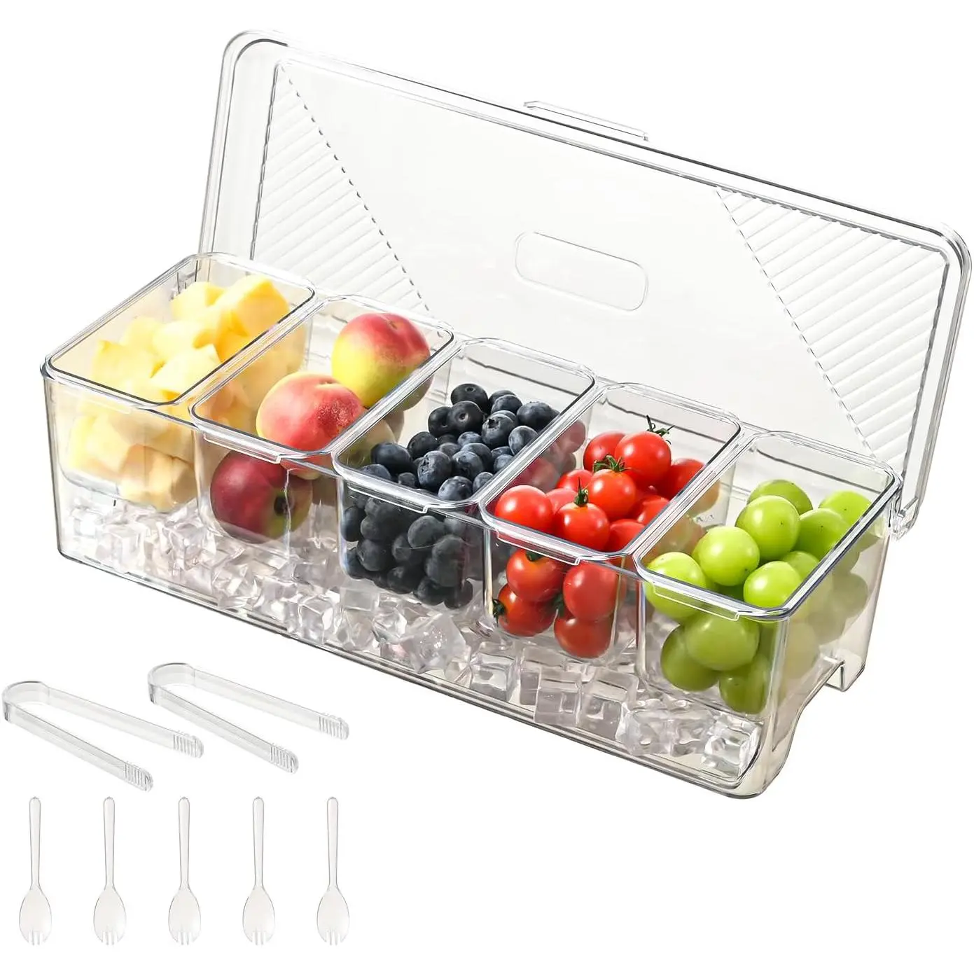 Large Chilled Condiment ,Stackable Chilled Condiment Containers Server with  for 5 Removable Compartments (5 Containers, 1 pack)
