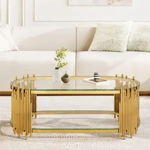 ARCH Luxury Gold Coffee Table with 2-Tier Tempered Glass Shelves, Modern Oval Center Table for Living Room, Polished Stainless Steel Frame, Artistic Organ Pipe Design, 47x23.6x17.7 Inches, Multiple Color Options, Black+Gold/Black+Silver/Gold/Gold+Bla