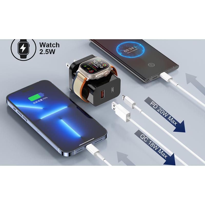 Watch Charger,20W 3-in-1 Fast Charging Block with Magnetic Wireless Charging and Dual Ports, Portable USB C PD Travel Plug Compatible with Phone,  Watch Series (Black)