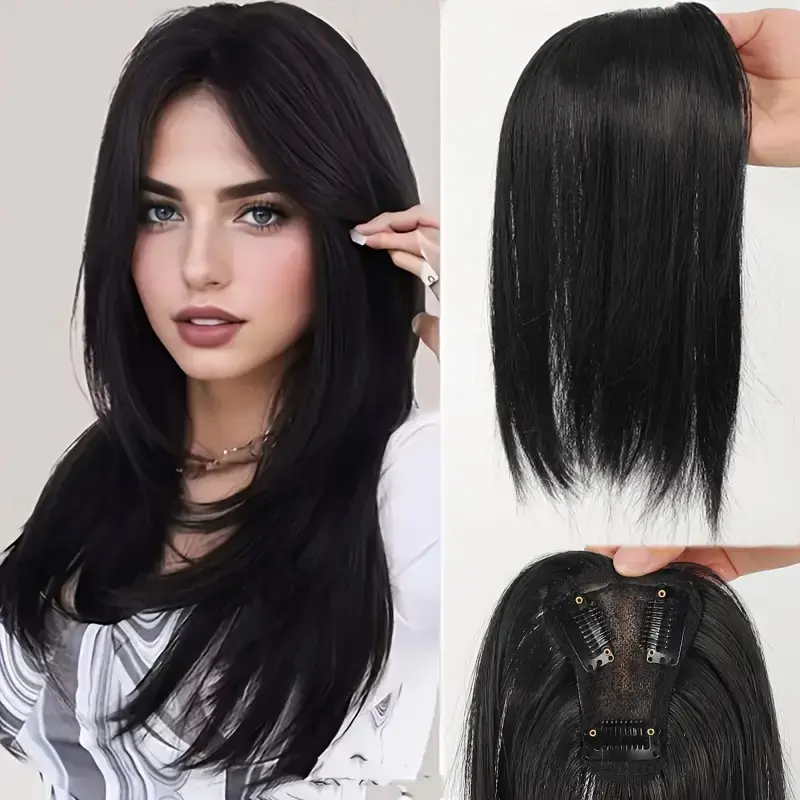 Women’s Synthetic Invisible Crown Cover Wig - T-Shaped Seamless Hairpiece for Gray Hair Coverage, Voluminous Hair, Airy Bangs