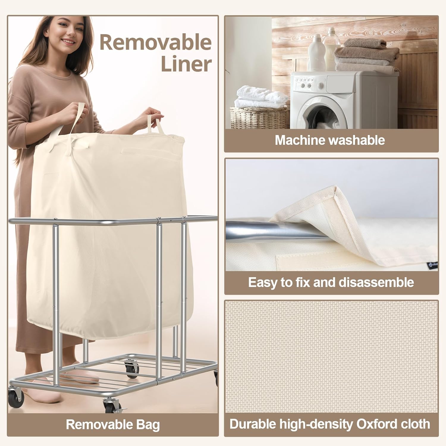 SUNDAY MIRTH 230L Rolling Laundry Hamper, 2-Section Laundry Basket with Wheels, 61 Gallons Laundry Sorter with Metal Structure and Removable Liner, Clothes Hamper for Laundry Room, Bathroom, Bedroom, Beige