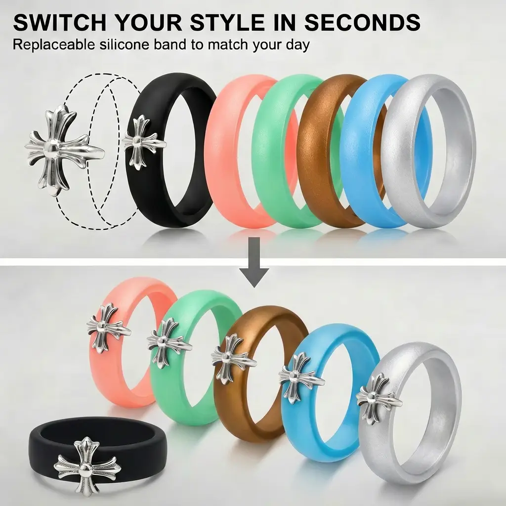 6-in-1 Interchangeable Cross Ring Set | Stainless Steel Cross Charm with 5 Replaceable Silicone Bands