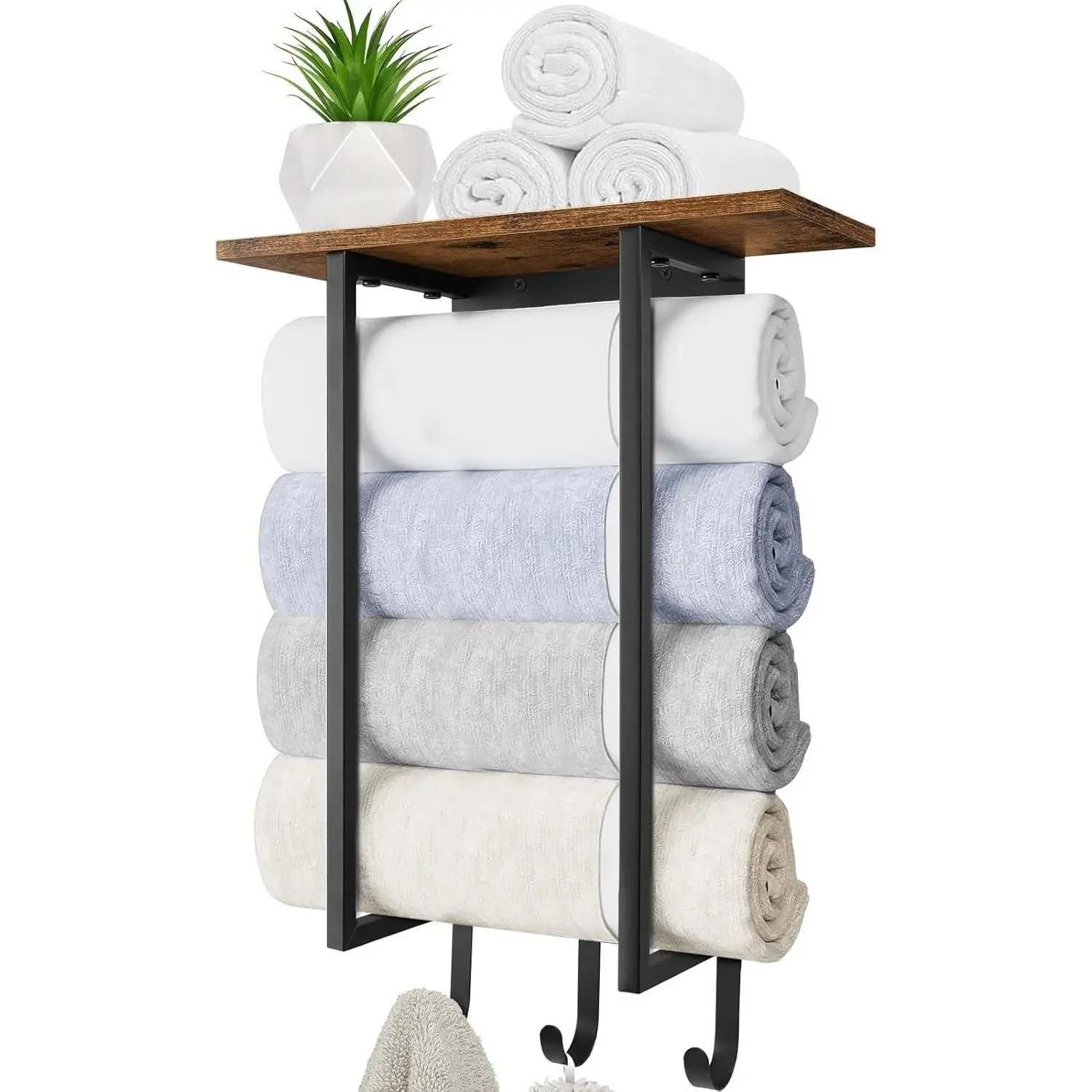 Towel Racks for Bathroom Wall Mounted, Towel Holder with Wooden Shelf and 3 Hooks for Washcloths Hand Towel, Bath Towel Storage Organizer for Small Bathroom, RV, Rustic Brown