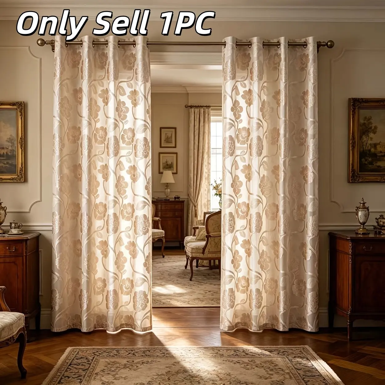 1PC French Luxury Transparent Curtain for Windows, Elegant Floral Pattern, Pierced Design, Living Room Floor-To-Ceiling, Bedroom Balcony Office Dining Decor