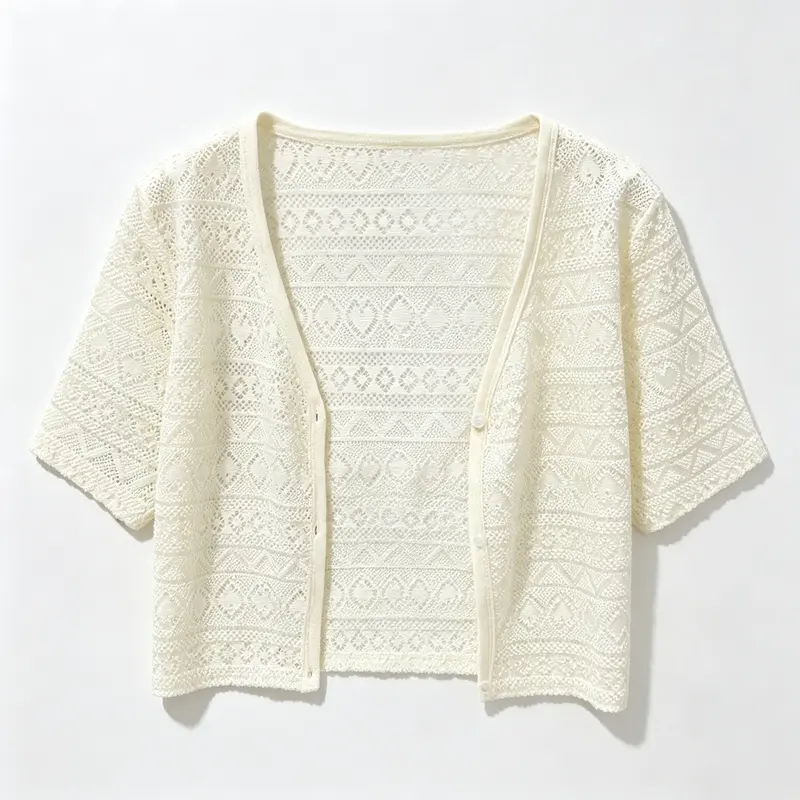 Women's Plus Size Ice Silk Knitwear Shrug, Cropped Geometric Hollow Out Short Sleeve Cardigan, Lightweight Sun Cover Up for Summer Outdoors, Shortsleeve, Beach, Slip, Minimalist, Day, Basic, Polyester, Spandex