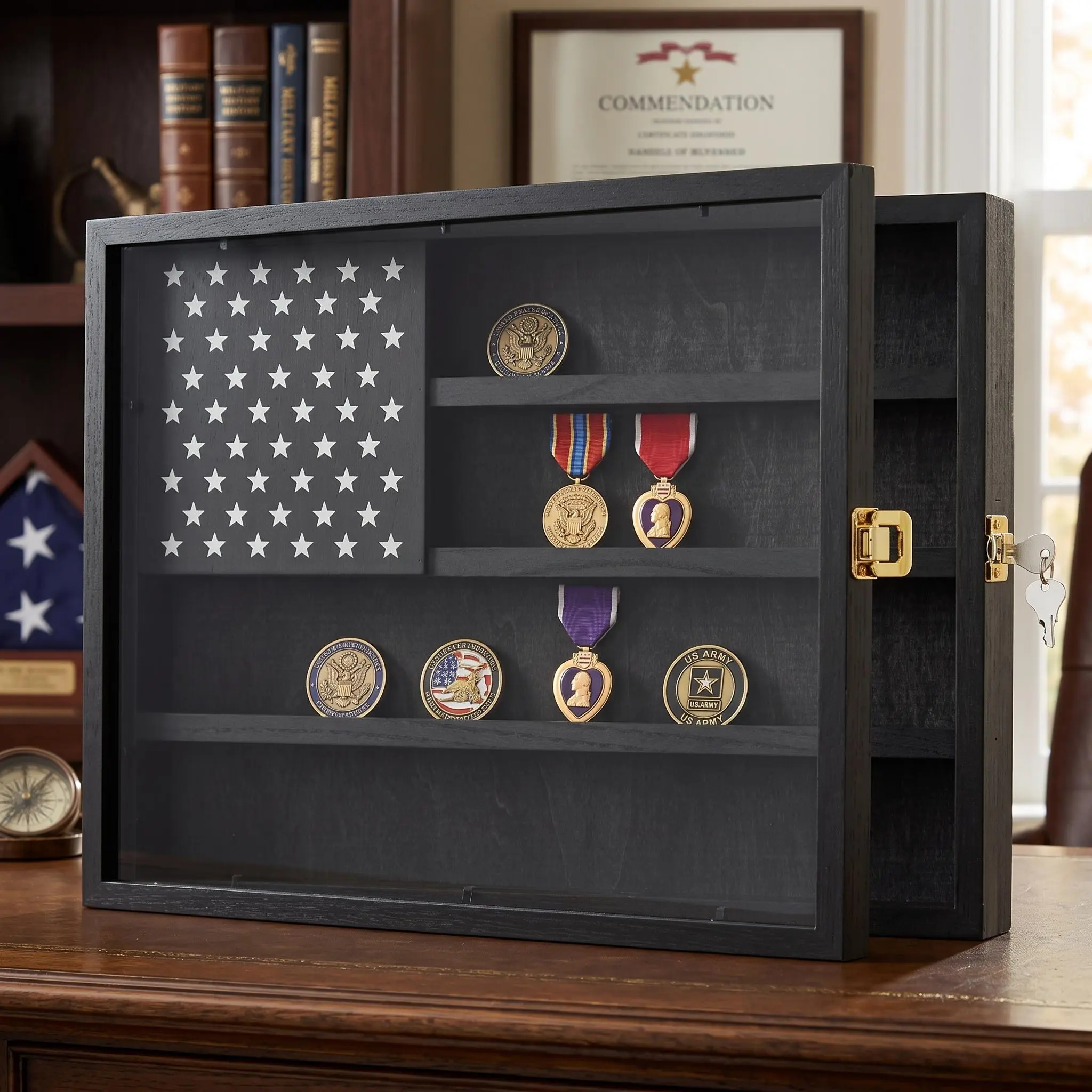 Lockable Military Coin Display Case - 4-Row Wooden Shadow Box Holder with Acrylic Door for Medals, Poker Chips & Tokens - Office Storage Organizer, 11x15 Inch Black