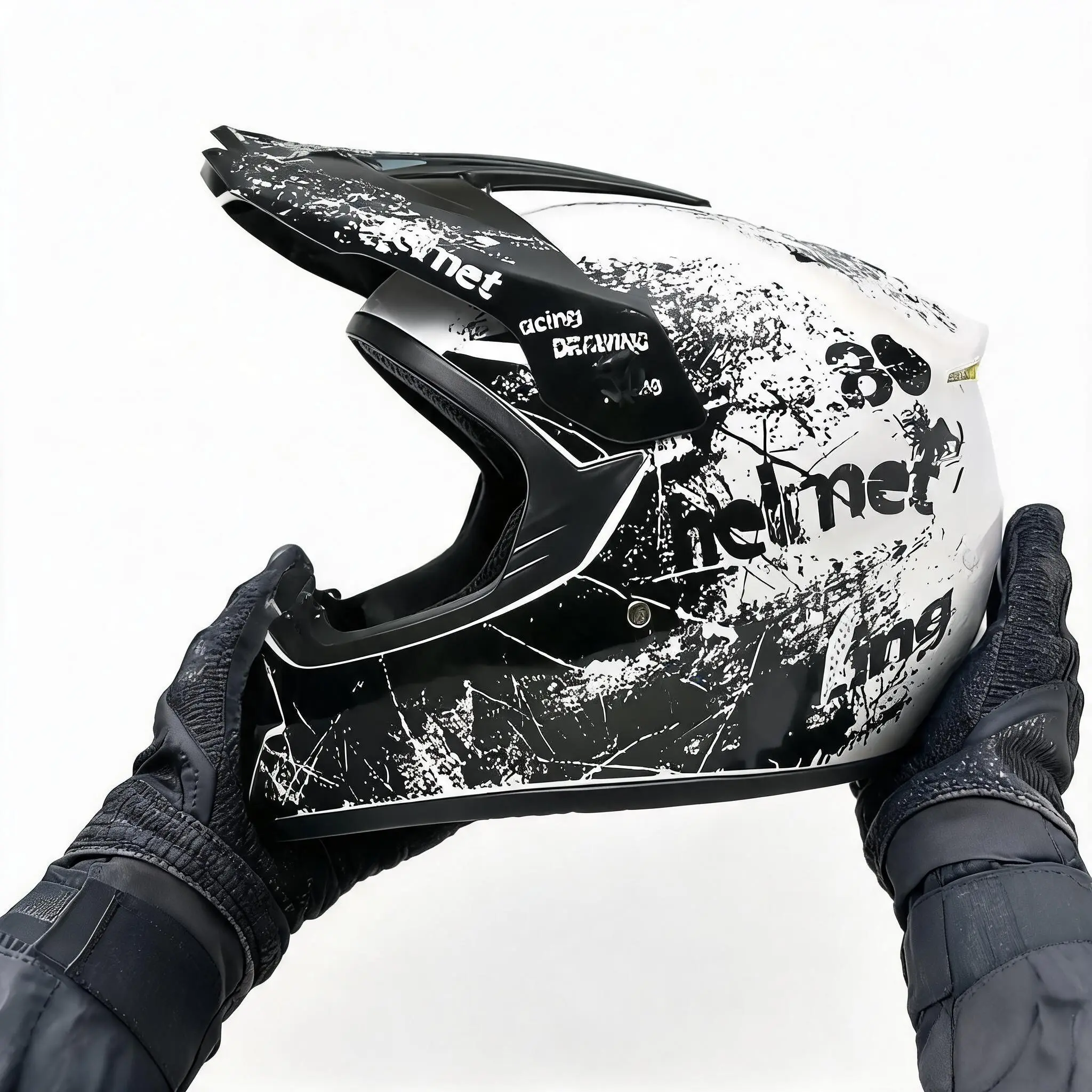 Black White Splatter Black White Impact Resistant Motorcycle Helmet Off Road MX Helmet Professional Adult Racing Helmet Adventure Riding Helmet Dirt Bike Helmet Removable Washable Liner Outdoor Sports Graphic Quick Release Buckle Trail Riding
