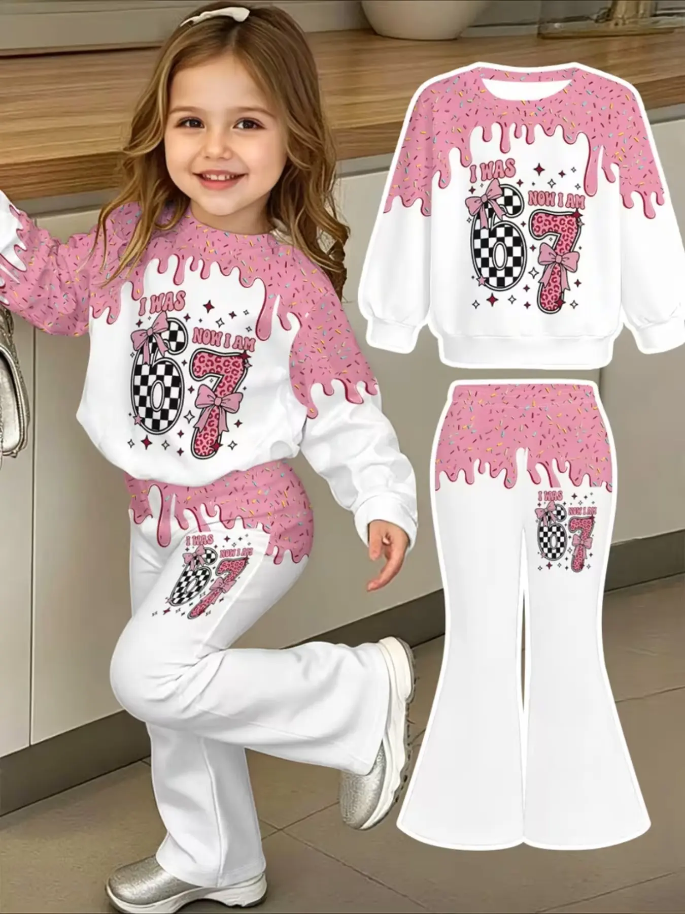 Girls' Round Neck Hoodie and Bell Bottoms Set, and, Lightweight Comfortable, Polyester, Suitable for Outdoor Activities