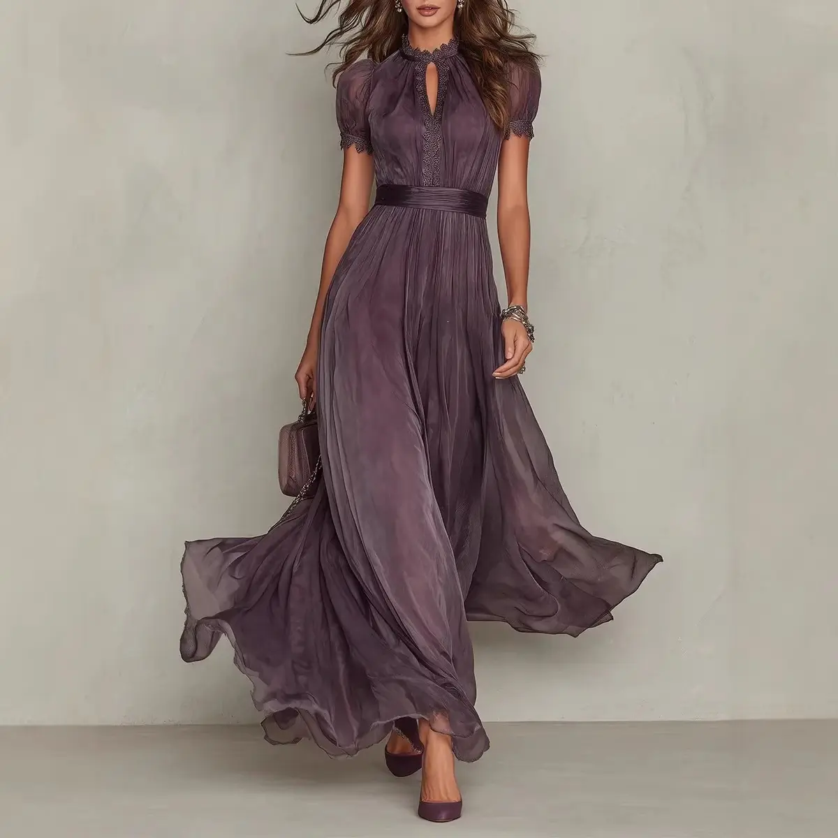 Women Chiffon Maxi Dress, V Neck Ruffle Short Sleeve Flowy Wedding Guest Formal Long Gown Women Chiffon Maxi Dress, V Neck Ruffle Short Sleeve Flowy Wedding Guest Formal Long Gown
