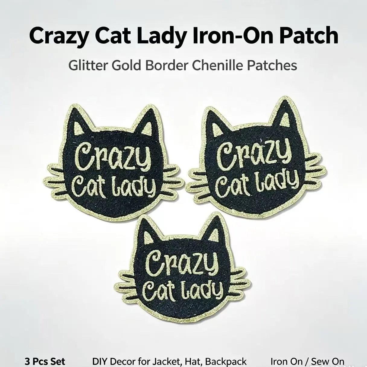 Crazy Cat Lady pattern iron-on embroidery patch - Fun design - Easy to sew or iron, durable fabric badge, suitable for personalizing jackets, bags, and more