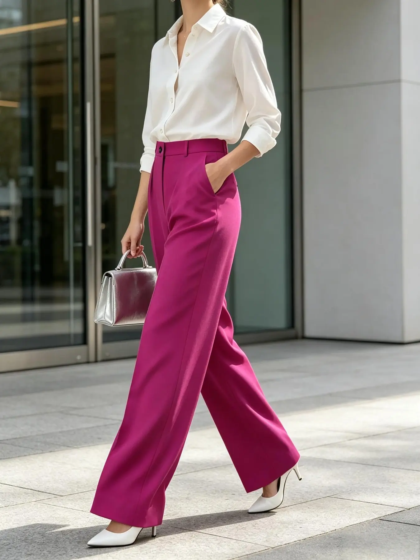 Magenta High-Waisted Wide-Leg Chic Suit Pants, Smooth Wrinkle-Resistant Fabric, Back Flat No Pockets, Ideal for Tall/curvy, Office/dates/daily Wear