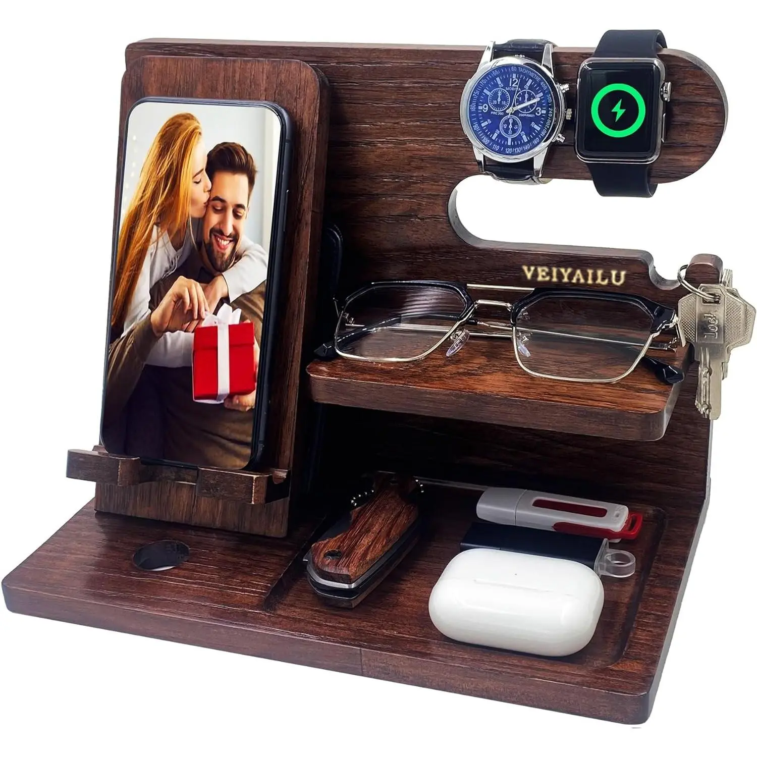 Gifts for Men Women Brother Boss Boyfriend Him Nightstand Organizer Gifts for Dad from Daughter Son Wood Phone Docking Station (Dark Brown)