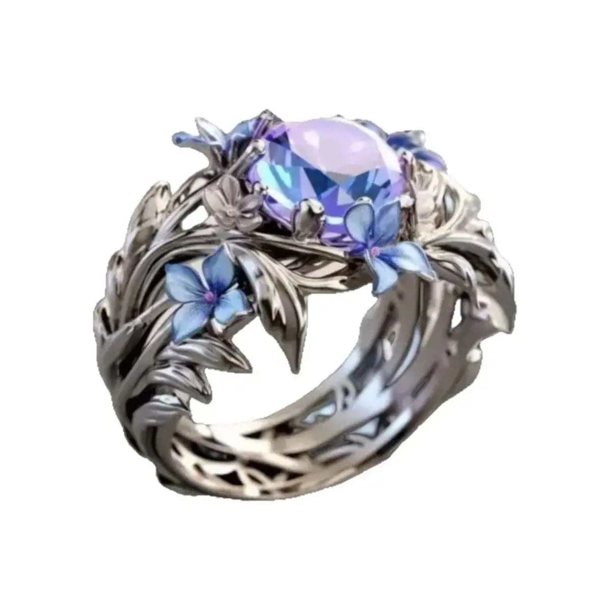 Vintage Floral Vine Ring for Women, Sapphire-Hued with Micro-Pave Crystals, Stackable Statement Ring for Engagement, Antique Look