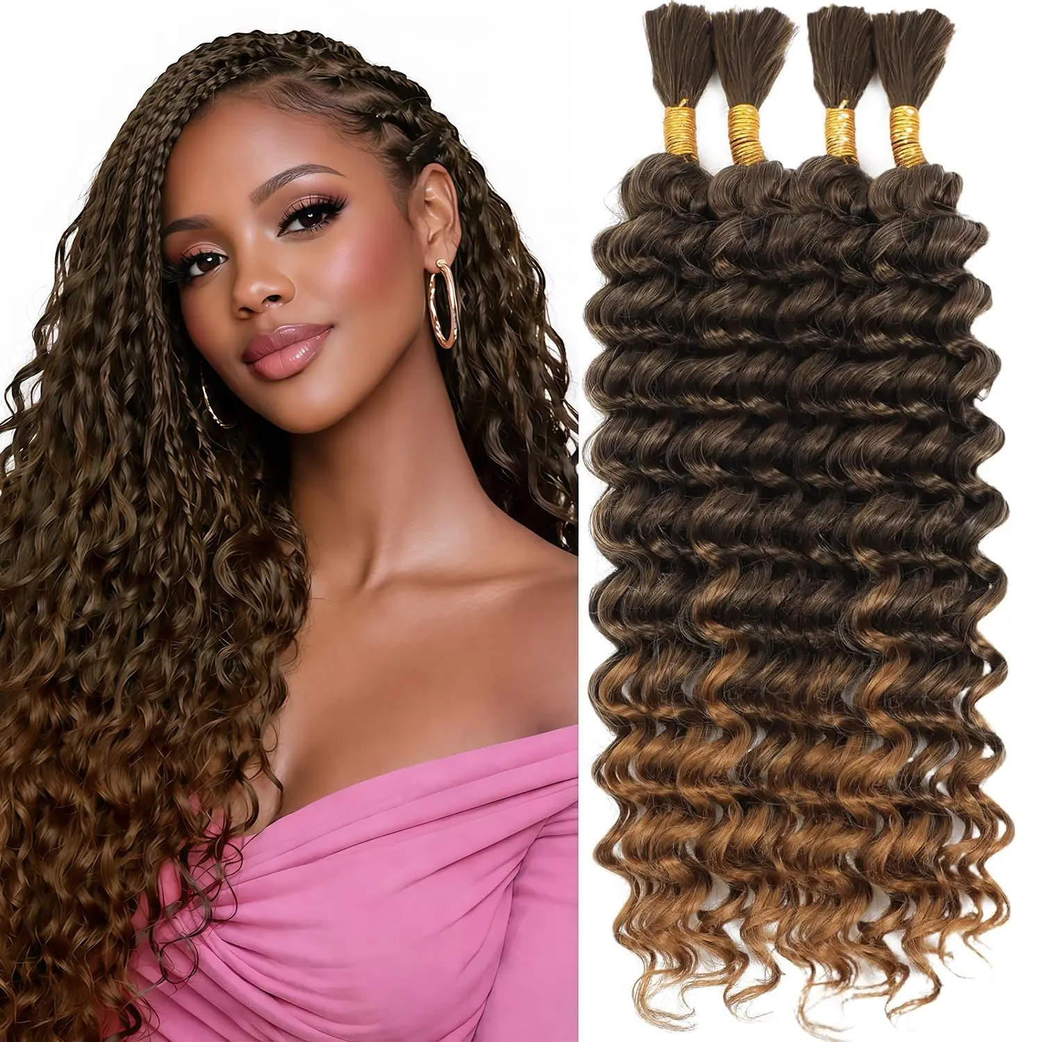Human Braiding Hair Mix Synthetic Boho Hair for Braiding, 18 Inch 220g Boho Braids 4  Wet and Wavy Curly Deep Wave Bulk Bohemian Extensions for Black Women (T-27, 18 Inch)