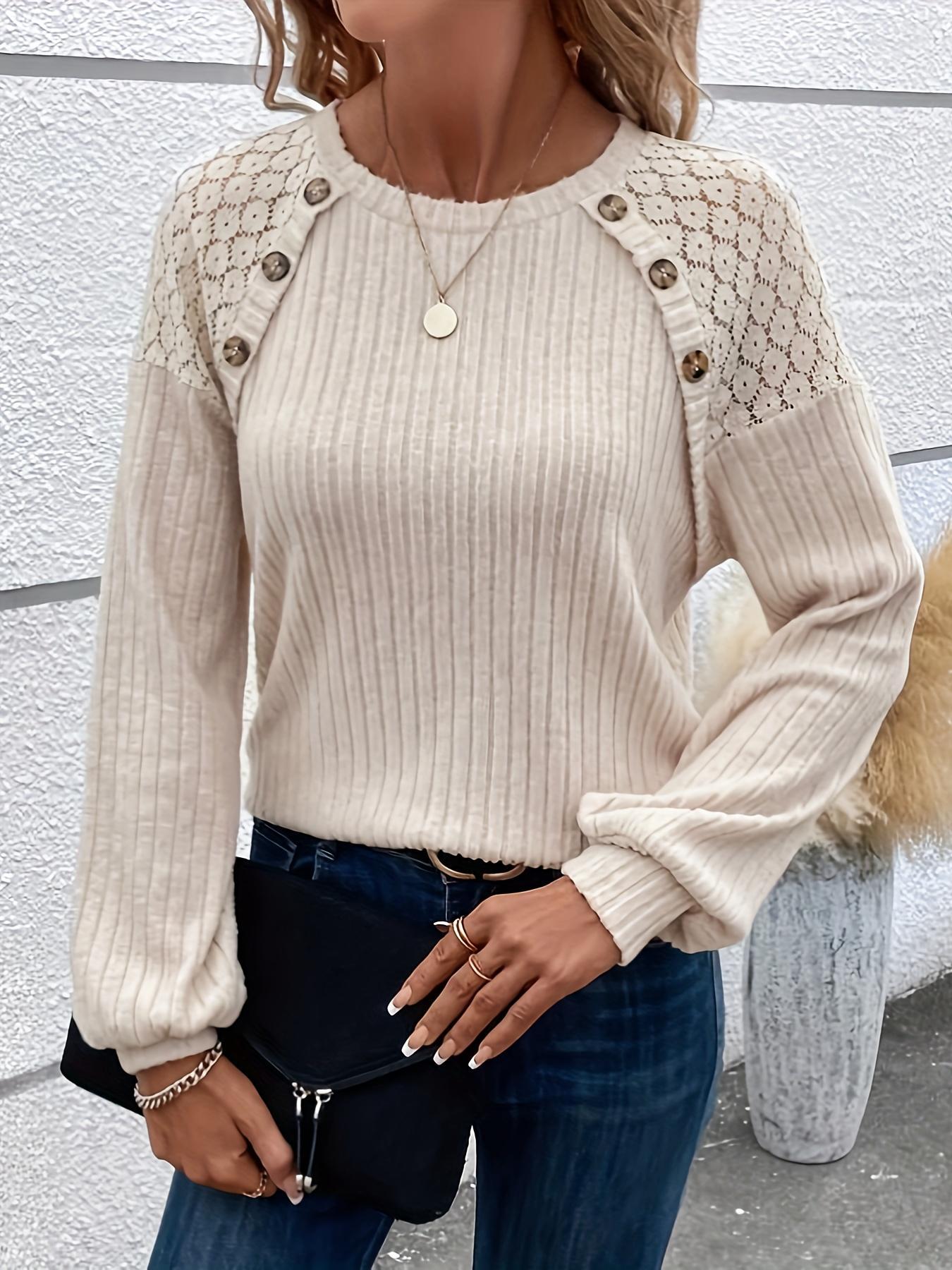 Women's Contrast Floral Lace Button Decor Ribbed Tee, Casual Drop Shoulder Long Sleeve Round Neck T-shirt for Spring & Fall, Fashion Women's Tops for Daily Wear