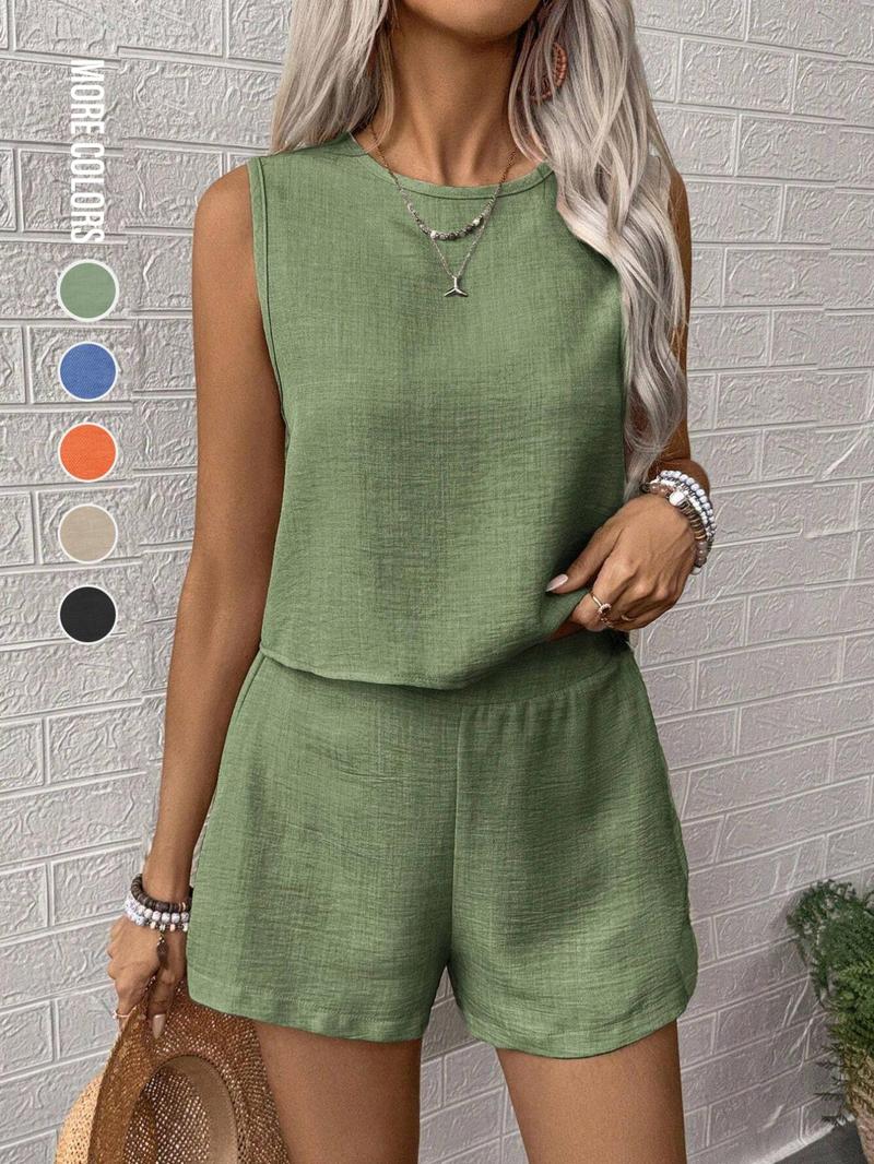 Women's Solid Color Sleeveless Fitted Crop Top & Shorts Two-Piece Set, Casual Fashion Cozy Top & Jumpsuit for Daily Outdoor Wear, Ladies Summer Clothes