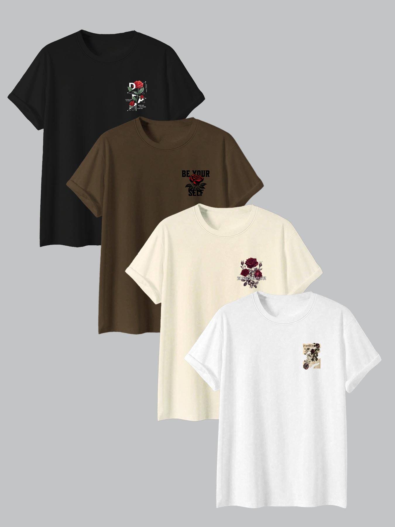 Men's Rose & Letter Print Short Sleeve Graphic Tee, Streetwear Regular Fit Casual Round Neck T-shirt for Summer, Men's Top for Daily Wear