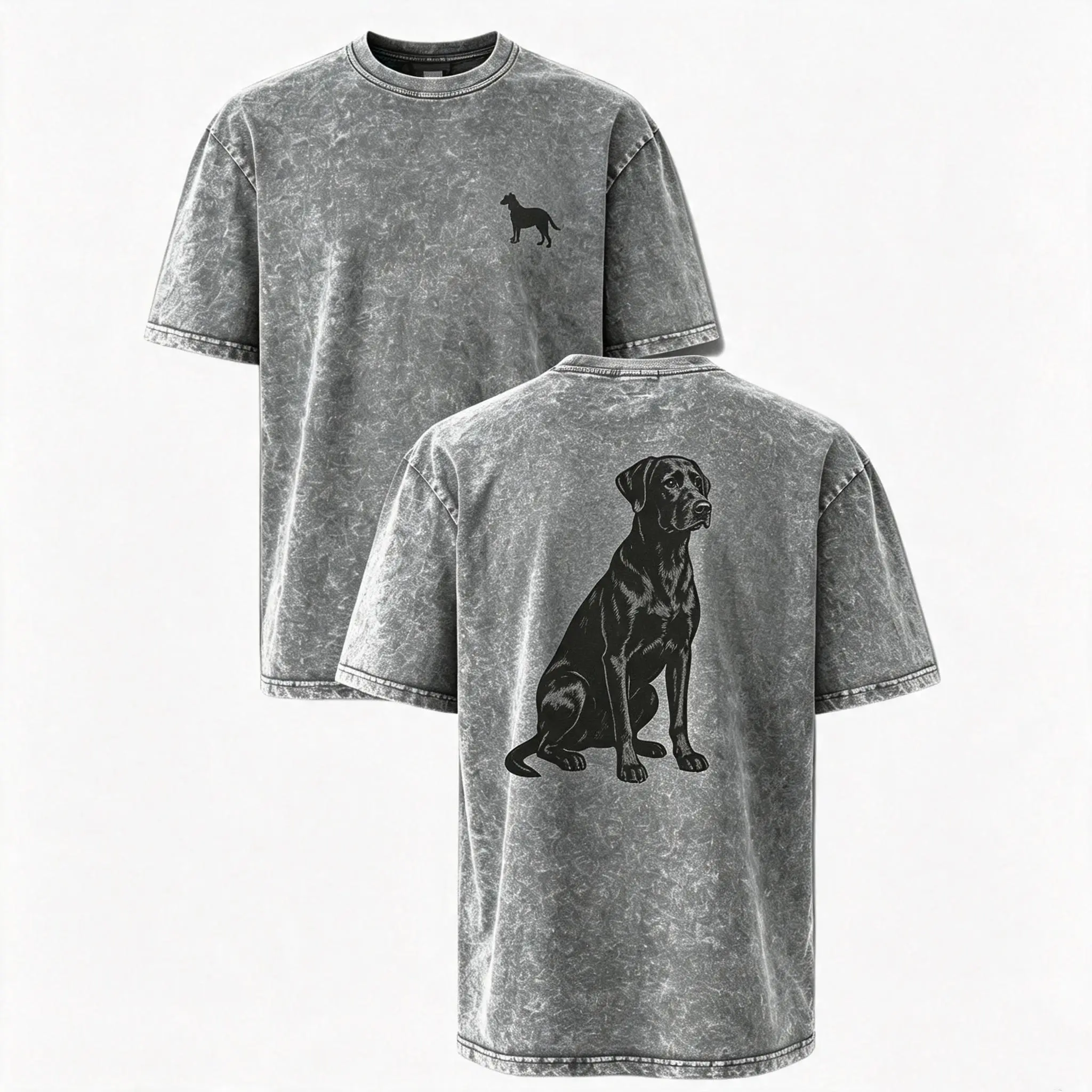 Men Acid Wash Graphic Tee Black Labrador Retriever Silhouette Front Back Print Short Sleeve T‑Shirt