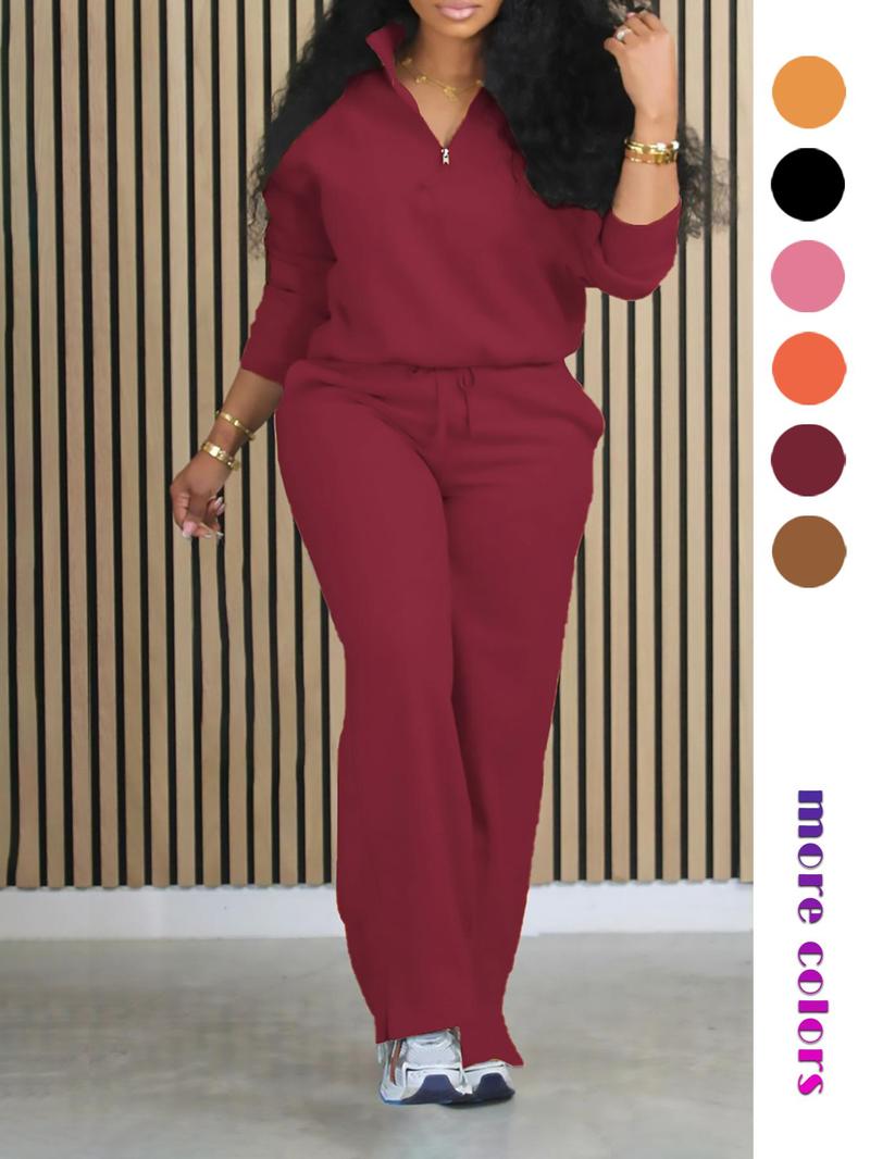 Women's Solid Half Placket Split Hem Pants Set, Casual Long Sleeve Top & Pocket Wide Leg Trousers for Summer, Ladies Clothes for Daily Wear, Womenswear