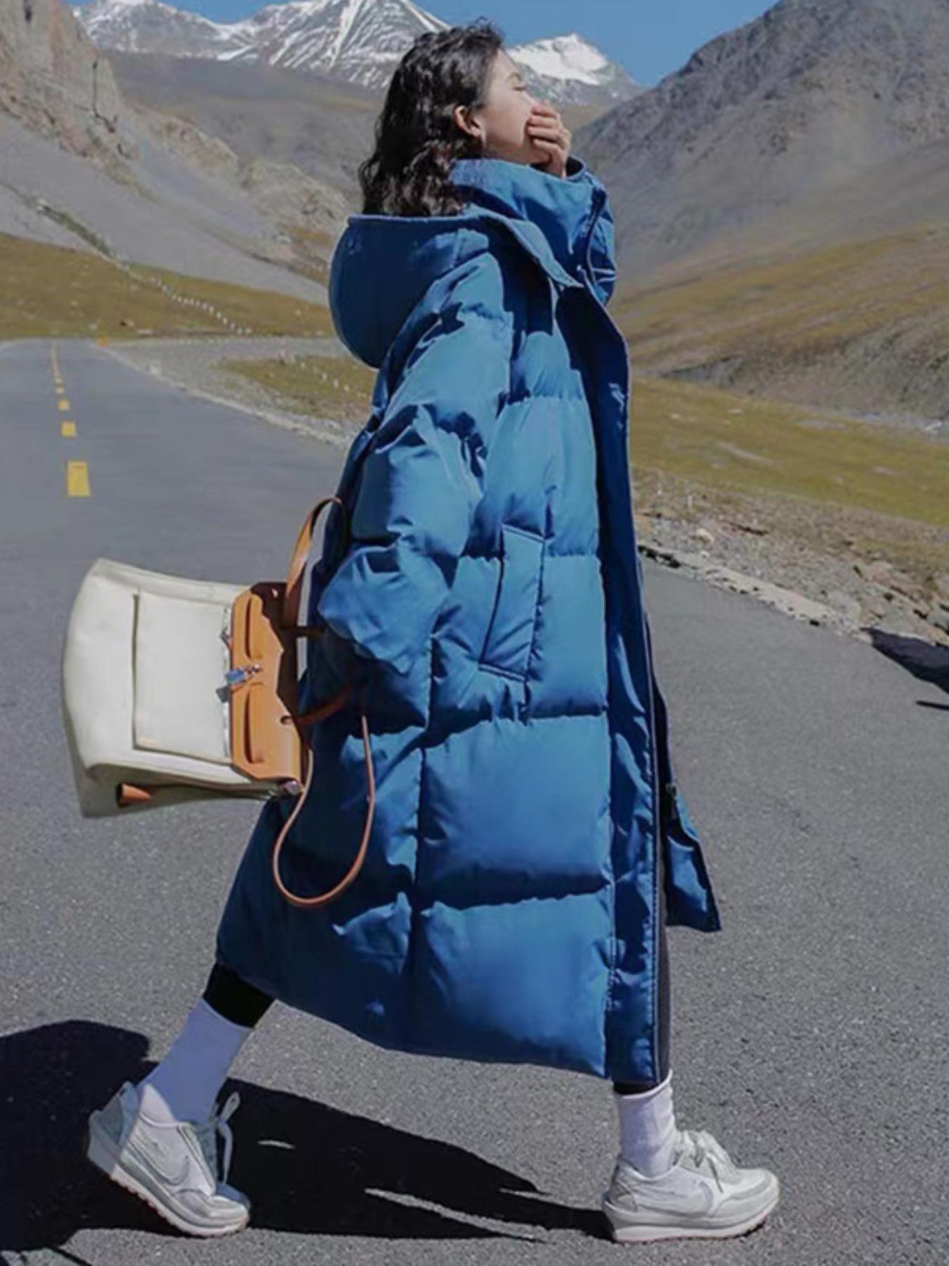 Women's Solid Button Front Pocket Zipper Drop Shoulder Midi Winter Coat, Jackets, Casual Long Puffer Coat For Fall & Winter, Women's Clothing For Daily Wear