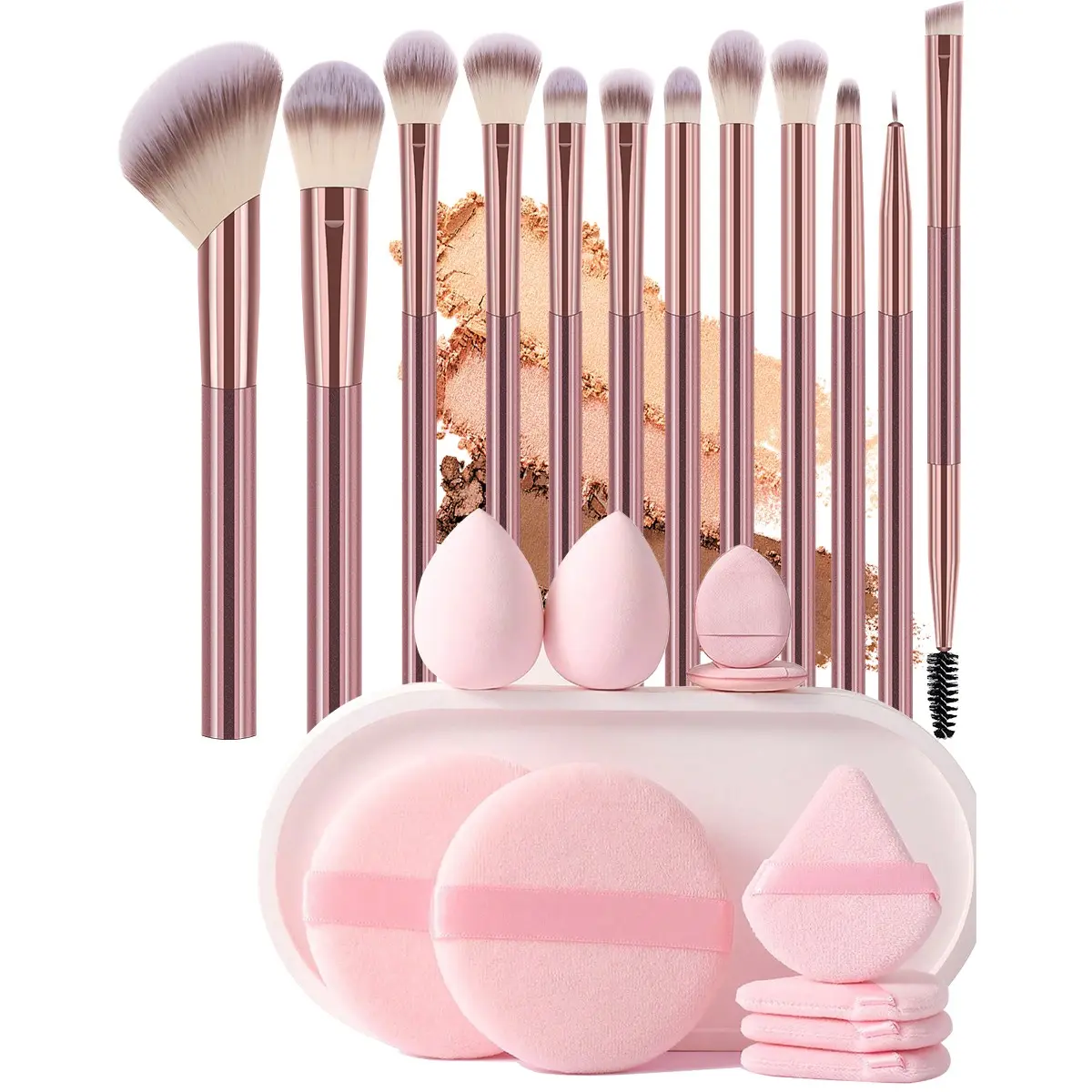 22-Piece Makeup Tool Set, Includes 12 Brushes, 2 Sponges, 2 Round Foundation Pads, 2 Mini Cushion Foundations, 4 Triangle Foundations