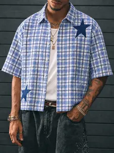 Clean Fit Men's Plaid Short Sleeve Shirt Summer Casual Blue White Checkered Button Up Shirt Lapel Neck Drop Shoulder Top for Beach Vacation Daily Wear