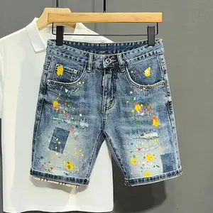 Men's Short Jeans Pants Graffiti Slim Blue Ripped Male Denim Shorts Rude Retro Summer Thin Stretch Korean Fashion Streetwear