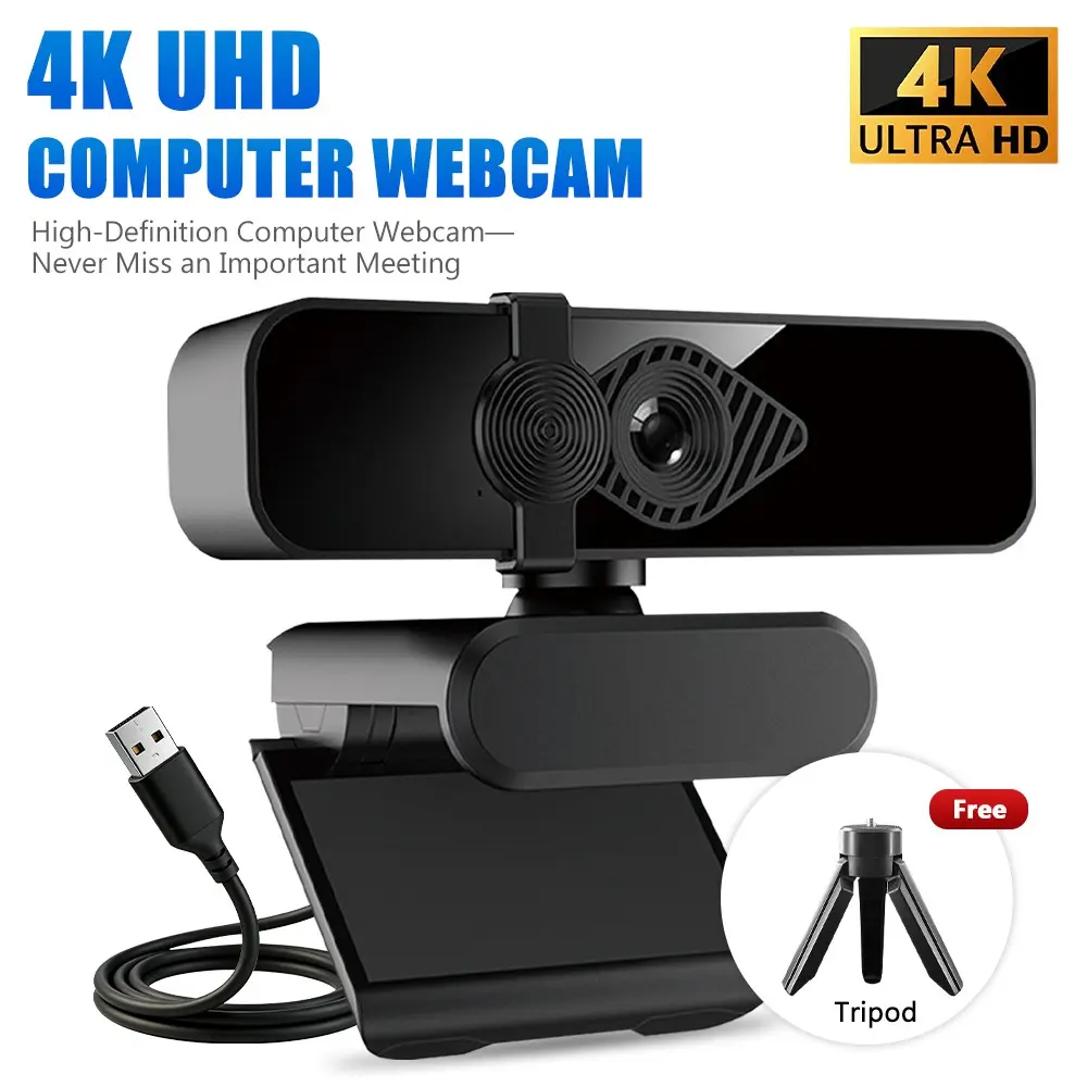 4K Auto Focus Webcam with Tripod Stand, Privacy Cover, Noise-Canceling Mic, USB Plug & Play Computer Camera for Zoom Meetings, Gaming, Live Streaming and Online Classes