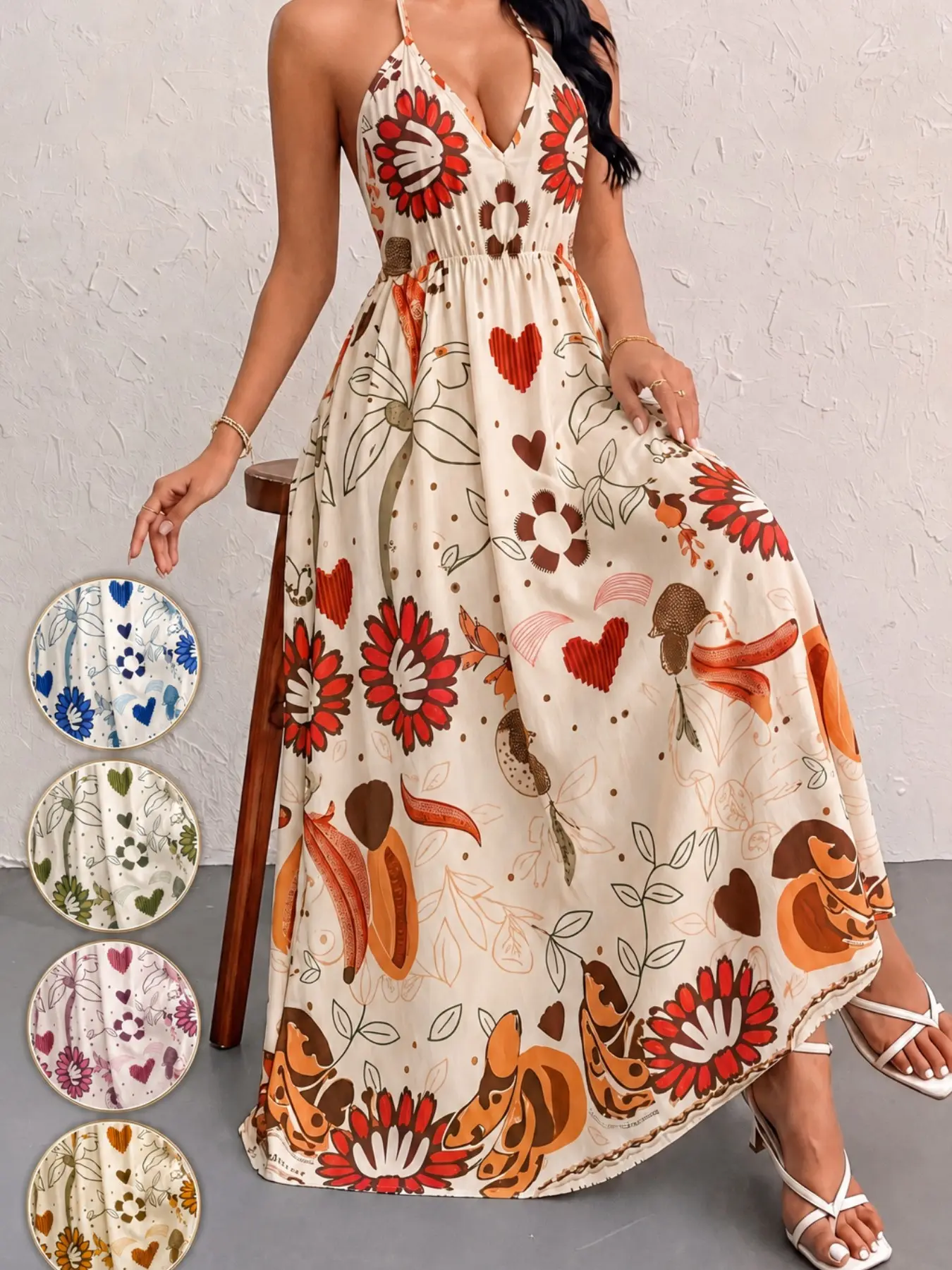 Women's Vacation Four-Season Chic Bohemian Floral Print Sleeveless Backless Drawstring Dress, Elegant Summer Party, Comfortable Daily Wear