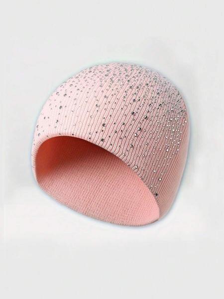 Starry Rhinestone Knitted Hat, Fitted Woven Acrylic Cap, Casual Elegant Street Style, Perfect for Autumn Winter Valentine's Day, Knit Hats