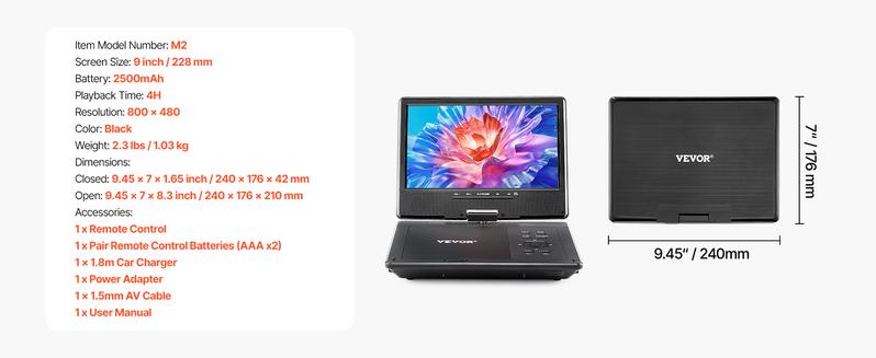 VEVOR Portable DVD Player, 9 inch HD Swivel Display Screen, 4 Hours Built-in Rechargeable Battery, Dual Speakers, Support Sync TV/USB/SD Card/CD/DVD, Car Charger, AC Power Adapter, Remote Control