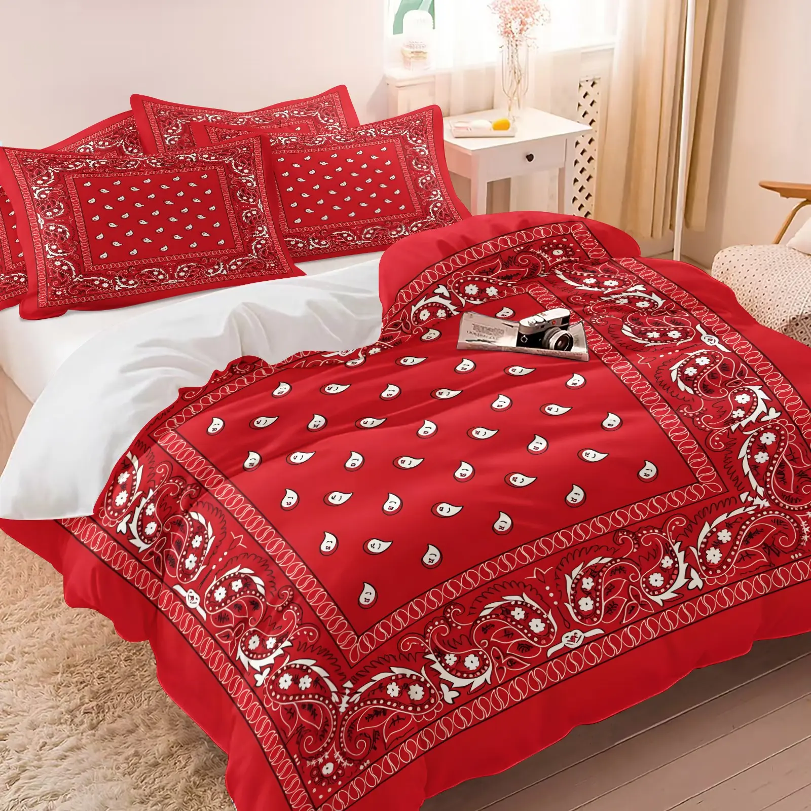 Red Square Bandana Paisley Duvet Cover Set (1 Duvet Cover + 1-2 Pillowcases), Soft Skin Friendly Breathable Bed Linen, Retro Border Paisley Pattern Bedding, Aesthetic Vintage Bedroom Home Decor
