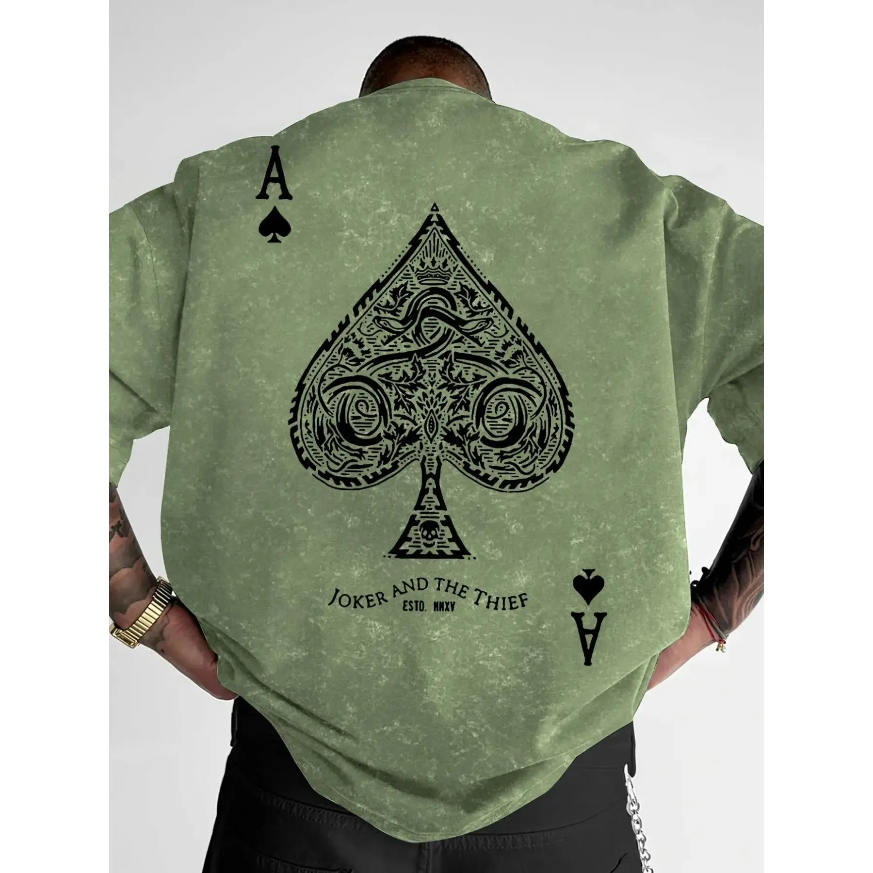 Men's Vintage Washed Oversized Short Sleeve Tee, Casual, Ace Of Spades Snake Skull Poker Graphic Back Print Retro Gothic Hip Hop Loose Breathable Streetwear T-Shirt # AceOfSpadesTee # VintageWashedTshirt # GothicStreetwear # PokerGraphicPrint