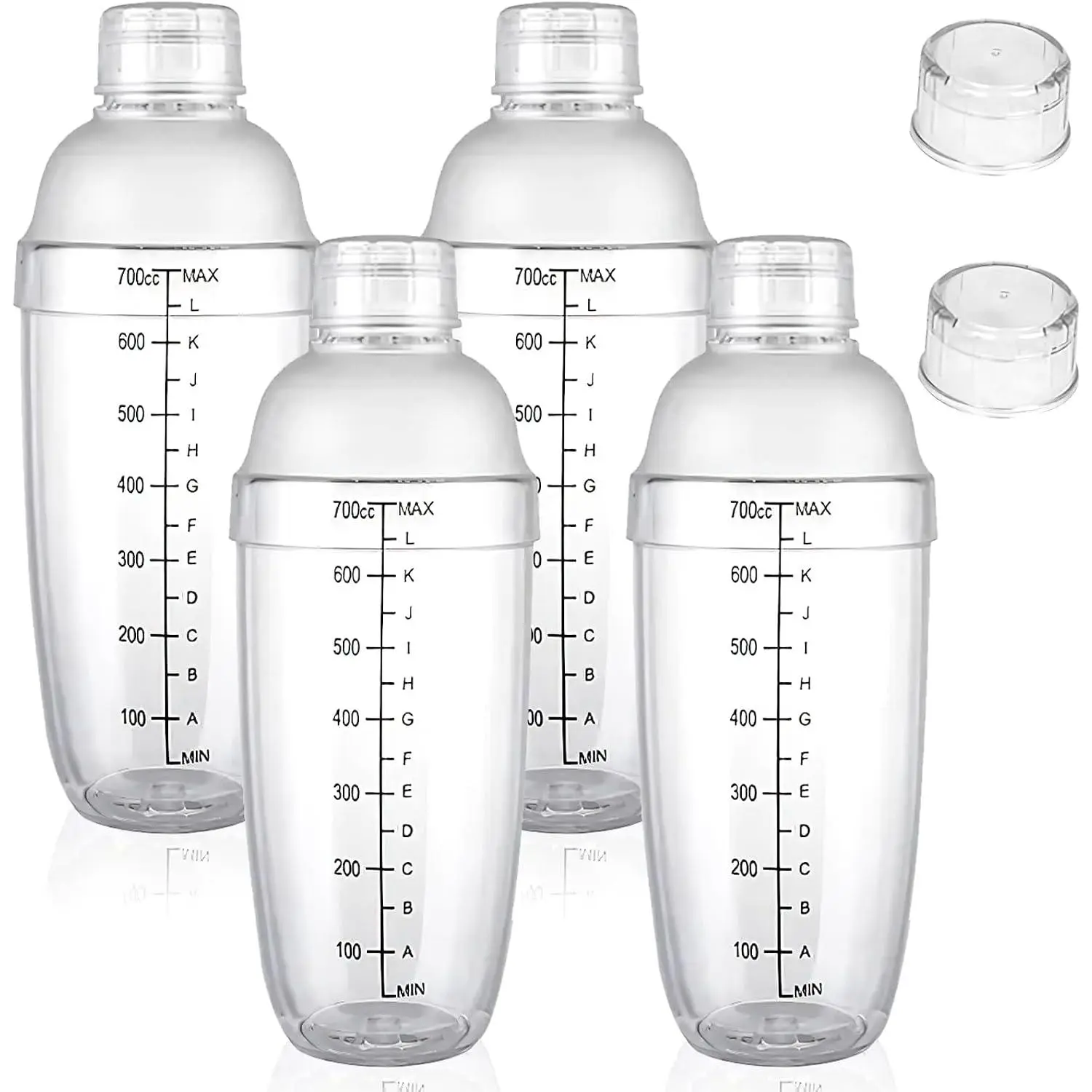 4 Pack Plastic Shaker  with Extra 2 Cap, 700cc / 24 oz Clear Boba  Shaker Matcha Shakers Cup for Milk  Coffee Mixing, Bar Tool Hand Drink Mixer with Scales